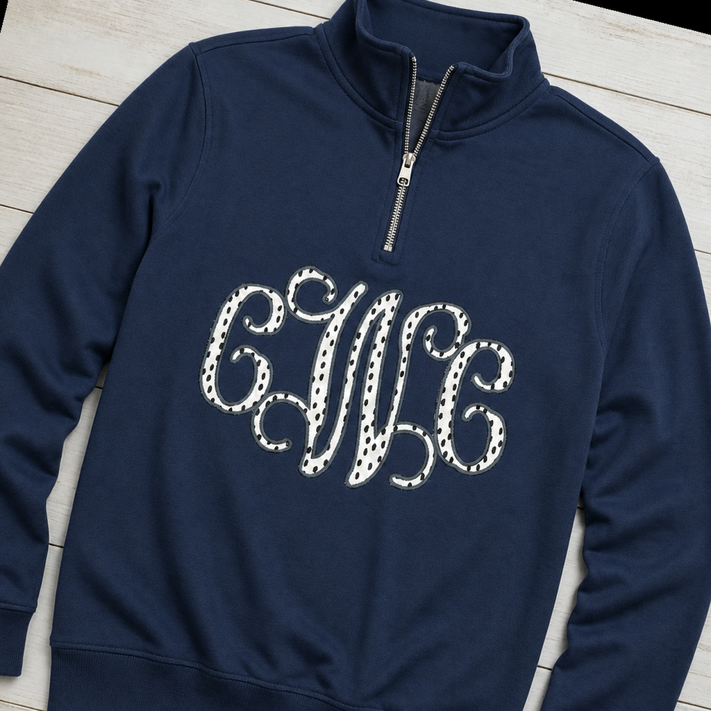 Angled flat lay of Black and White Dot Vine Monogram on Comfort Colors G1580 True Navy quarter-zip