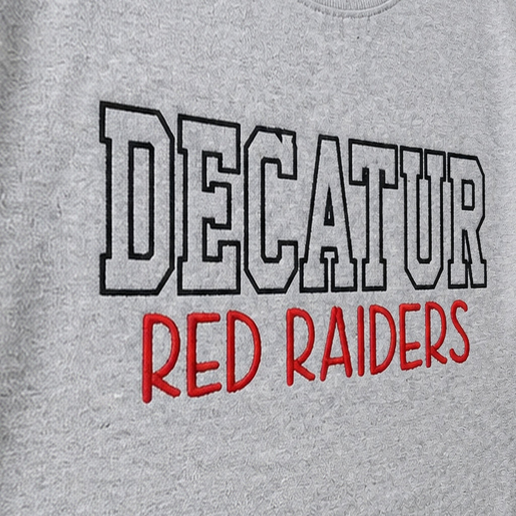 block outline team name crewneck embroidery close-up