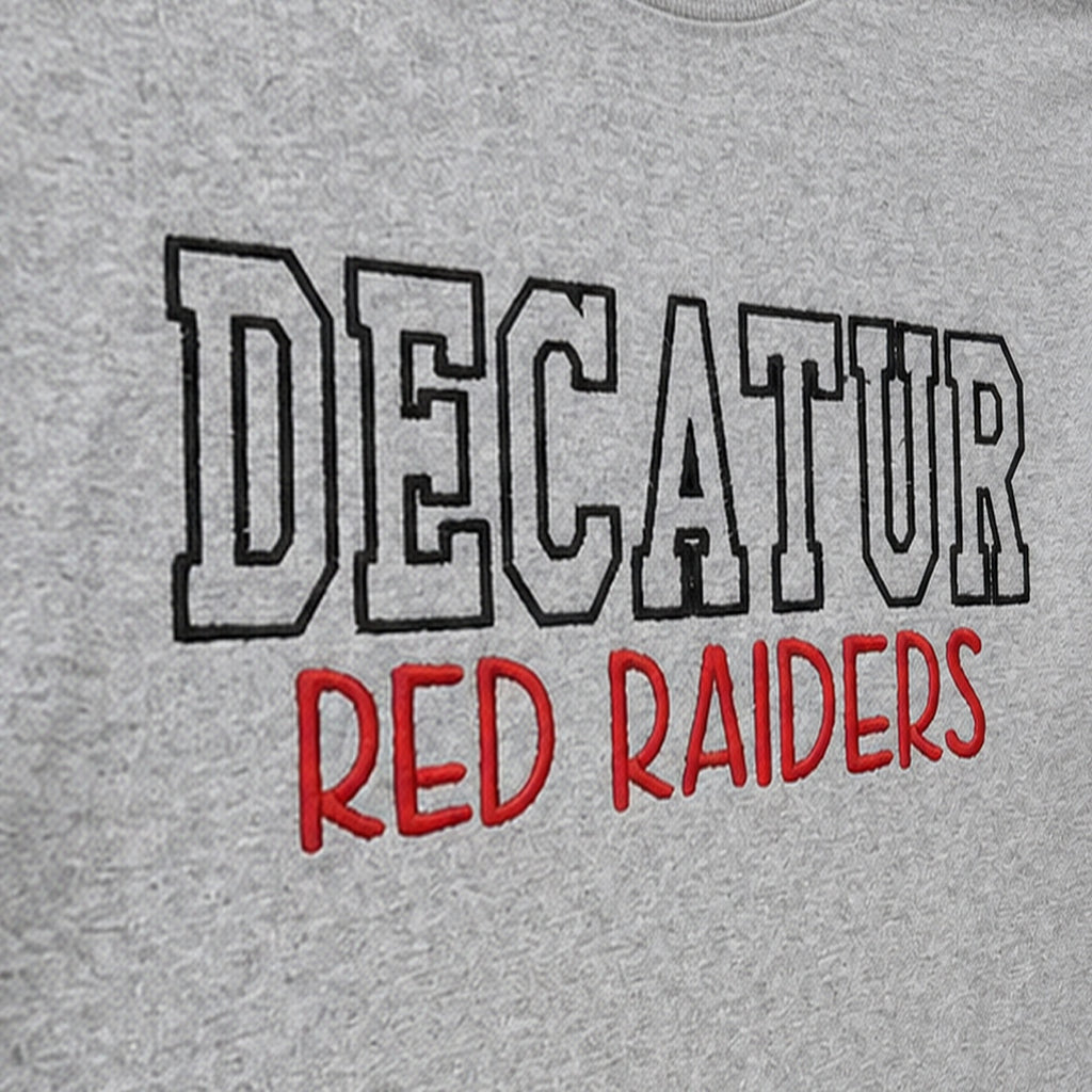 block outline team name long sleeve embroidery close-up
