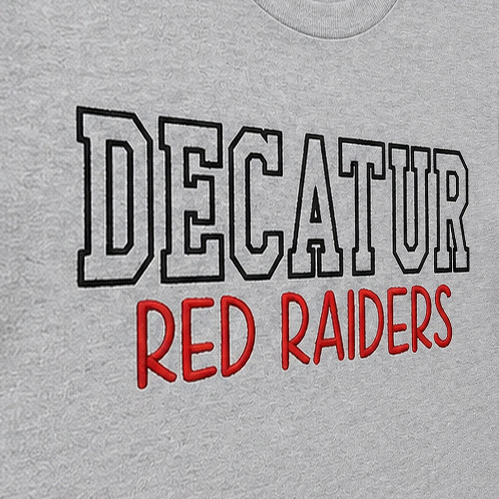 block outline team name short sleeve embroidery close-up