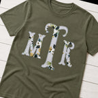 Botanical floral serif monogram shirt folded flat lay