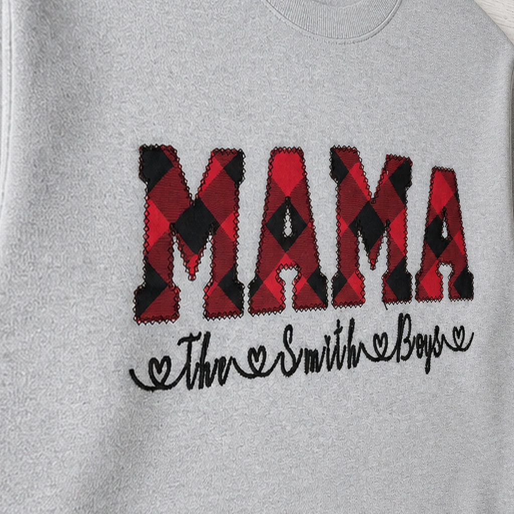 buffalo plaid mama name crewneck embroidery close-up