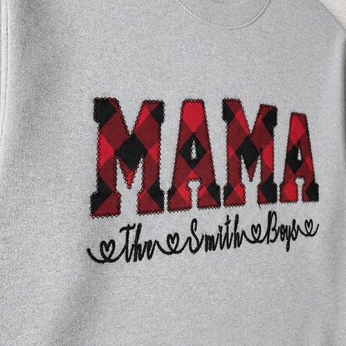 buffalo plaid mama name crewneck embroidery close-up