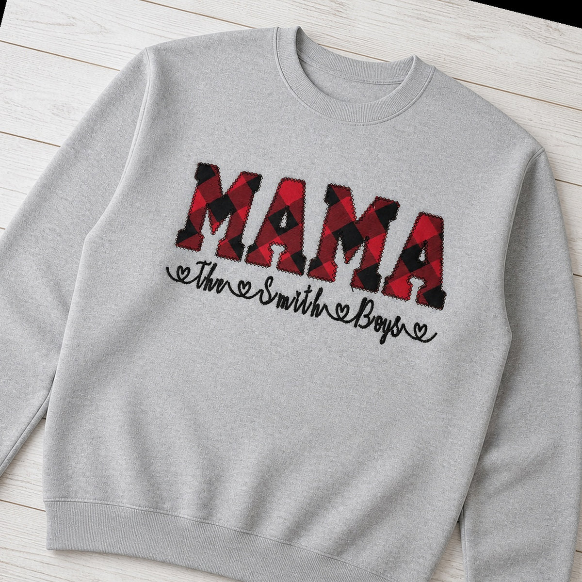buffalo plaid mama name crewneck styled flat lay