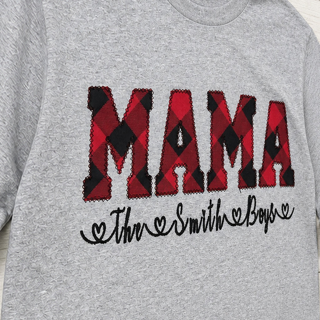 buffalo plaid mama name long sleeve embroidery close-up