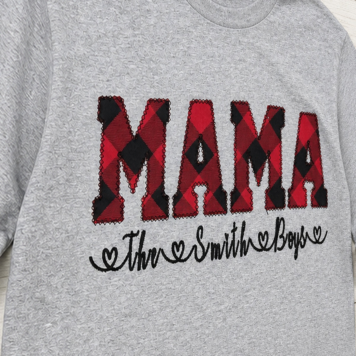 buffalo plaid mama name long sleeve embroidery close-up