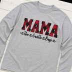 buffalo plaid mama name long sleeve styled flat lay
