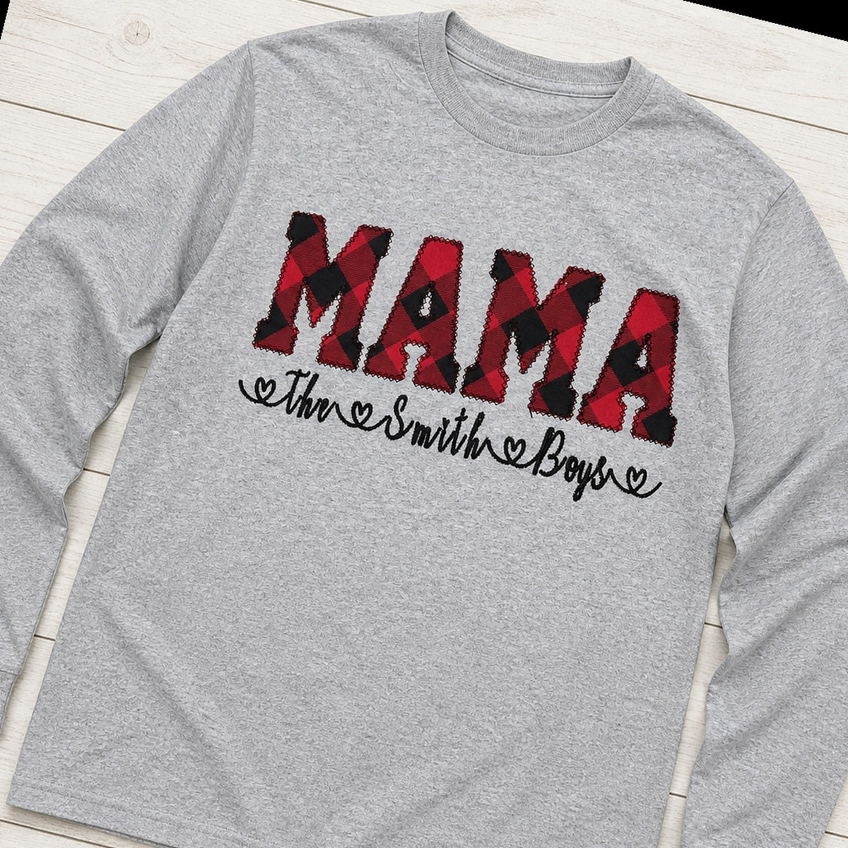 buffalo plaid mama name long sleeve styled flat lay