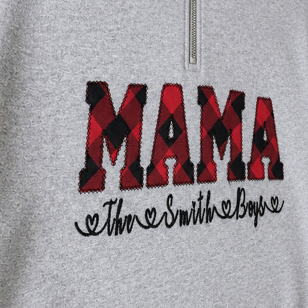 buffalo plaid mama name quarter zip embroidery close-up