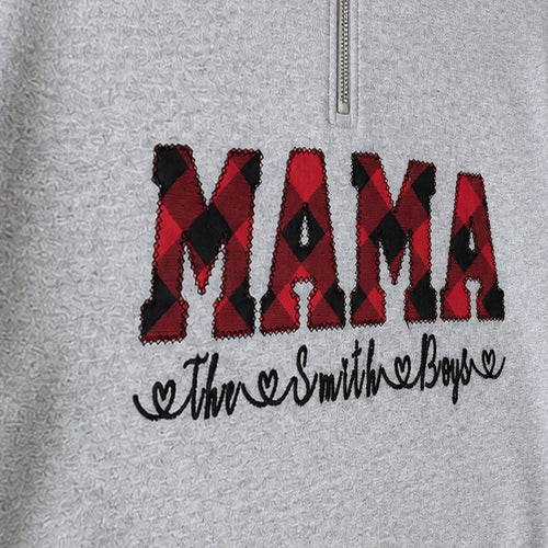 buffalo plaid mama name quarter zip embroidery close-up