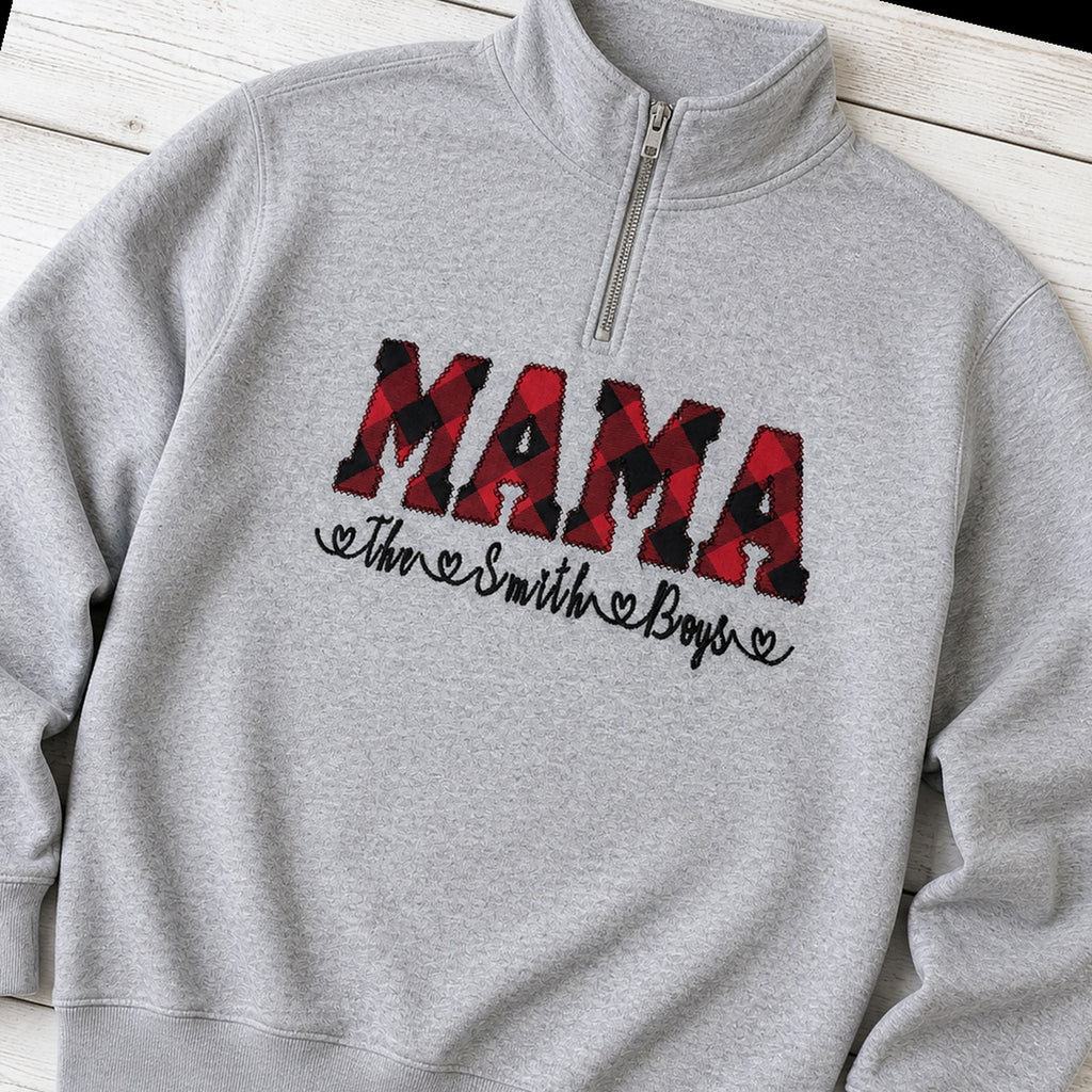 buffalo plaid mama name quarter zip styled flat lay