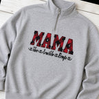 buffalo plaid mama name quarter zip styled flat lay