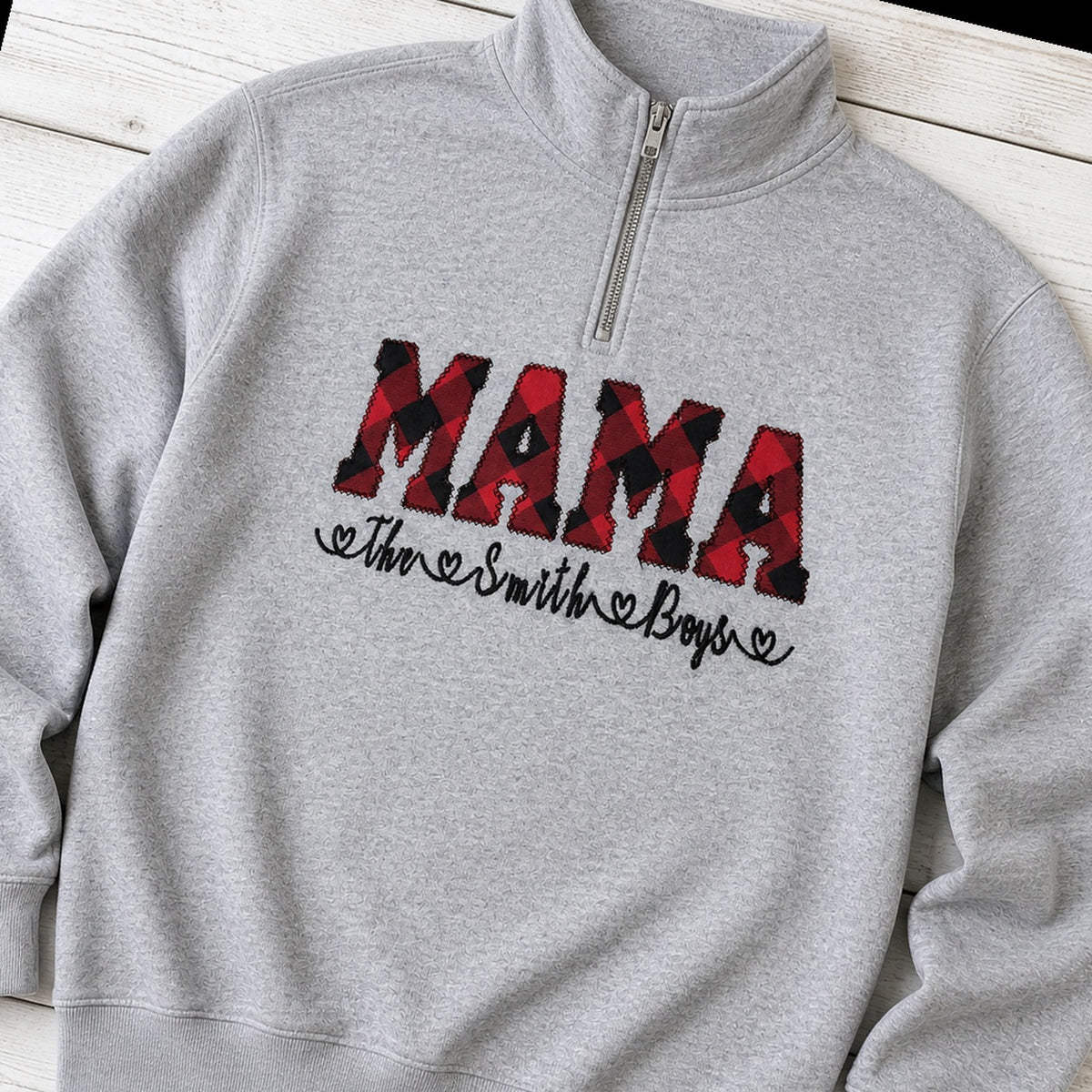 buffalo plaid mama name quarter zip styled flat lay