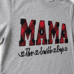 buffalo plaid mama name short sleeve embroidery close-up