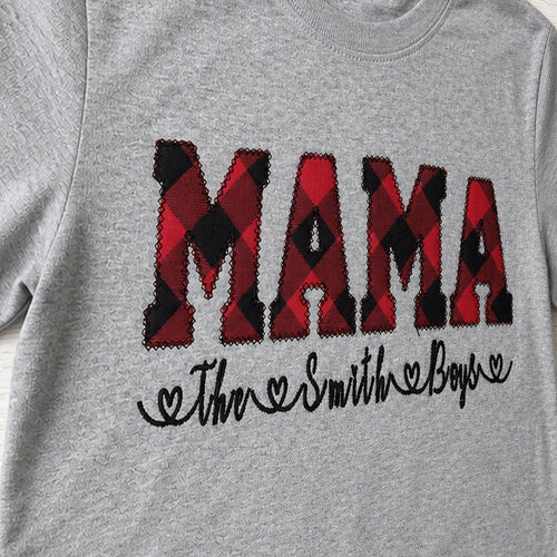 buffalo plaid mama name short sleeve embroidery close-up