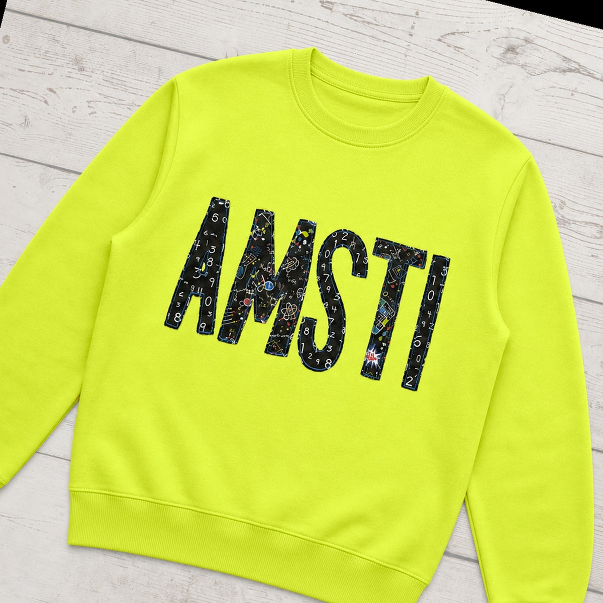Custom chalkboard applique crewneck sweatshirt folded flat lay
