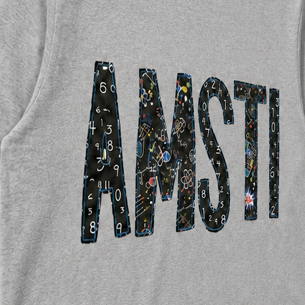 Close-up of the embroidered design on a custom chalkboard applique long sleeve shirt