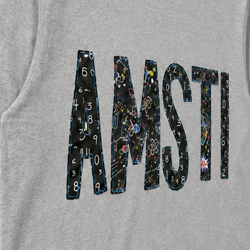 Close-up of the embroidered design on a custom chalkboard applique long sleeve shirt