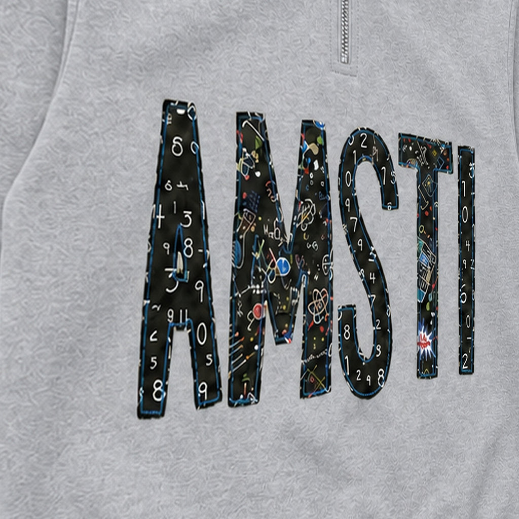 Close-up of the embroidered design on a custom chalkboard applique quarter zip pullover