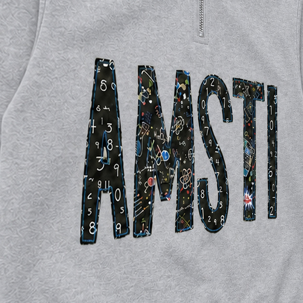 Close-up of the embroidered design on a custom chalkboard applique quarter zip pullover