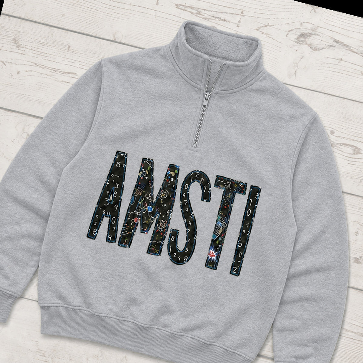 Custom chalkboard applique quarter zip pullover folded flat lay