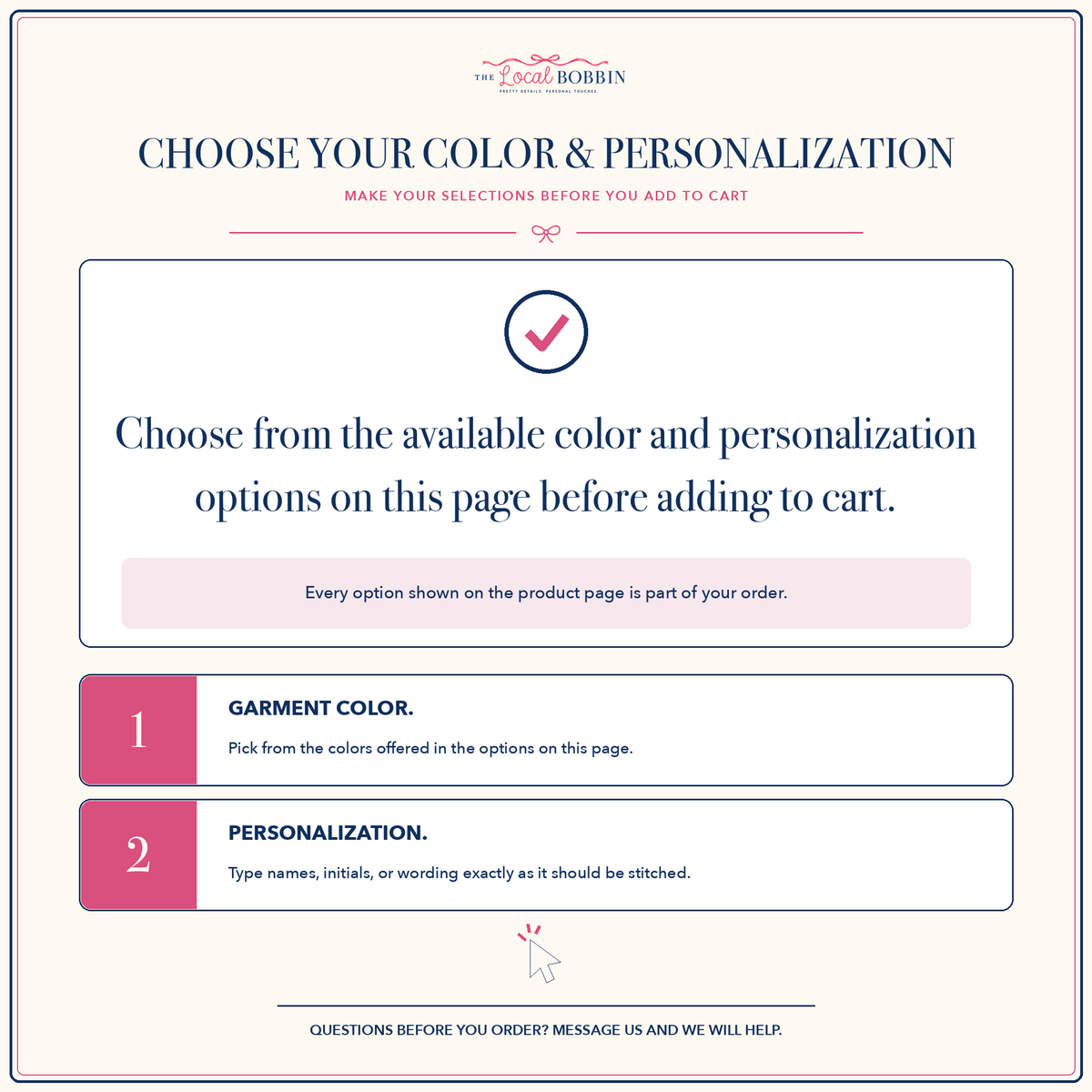 Choose your color and personalization options before adding to cart