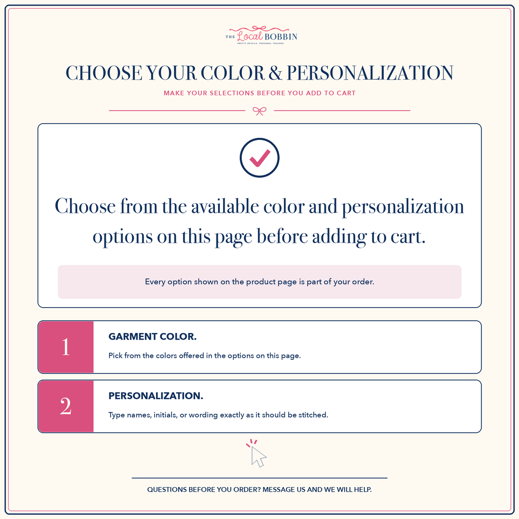 Choose your color and personalization options before adding to cart