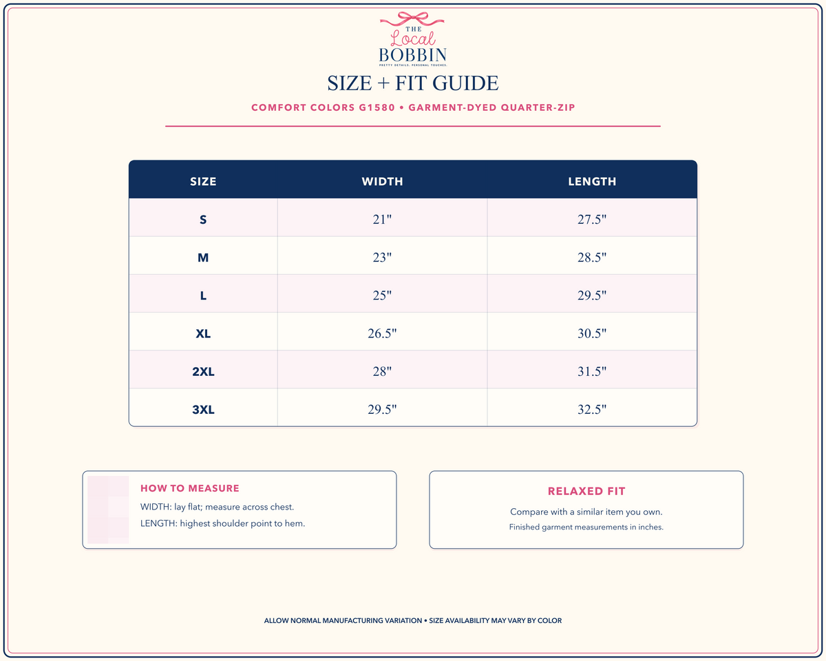 Comfort Colors G1580 quarter-zip size and fit guide
