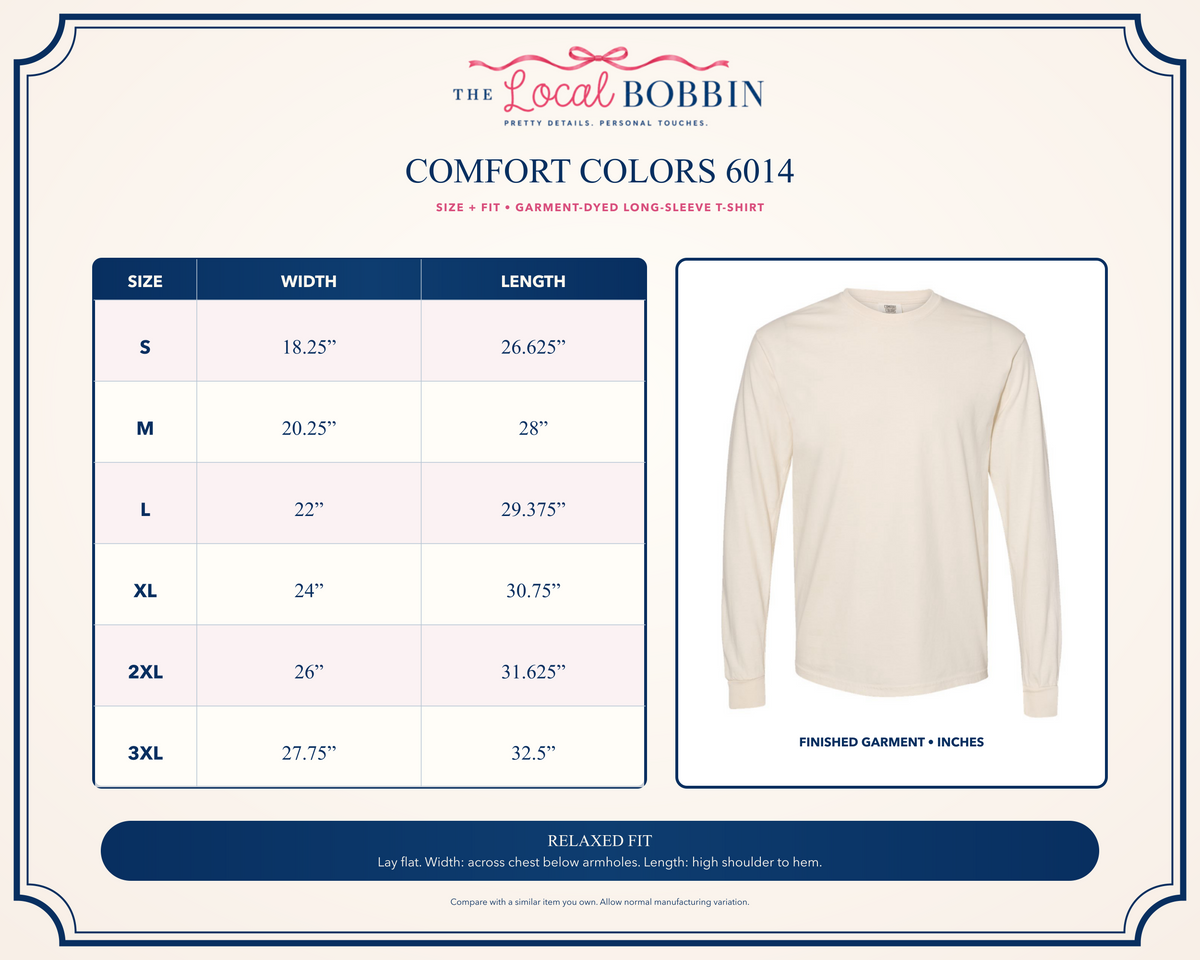 Comfort Colors 6014 long-sleeve T-shirt size and fit guide. Finished garment measurements in inches.