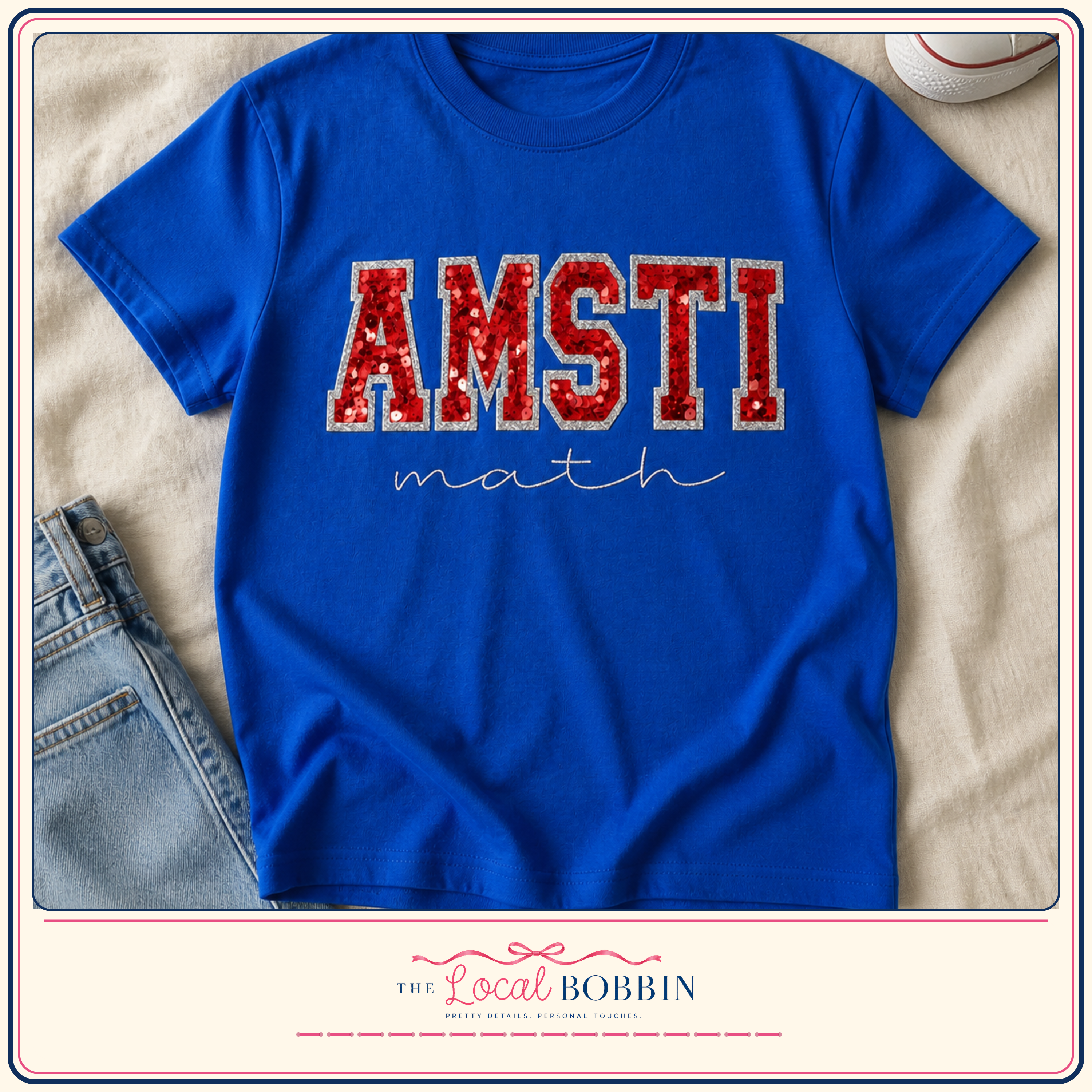 Custom sequin varsity AMSTI math shirt in The Local Bobbin listing frame
