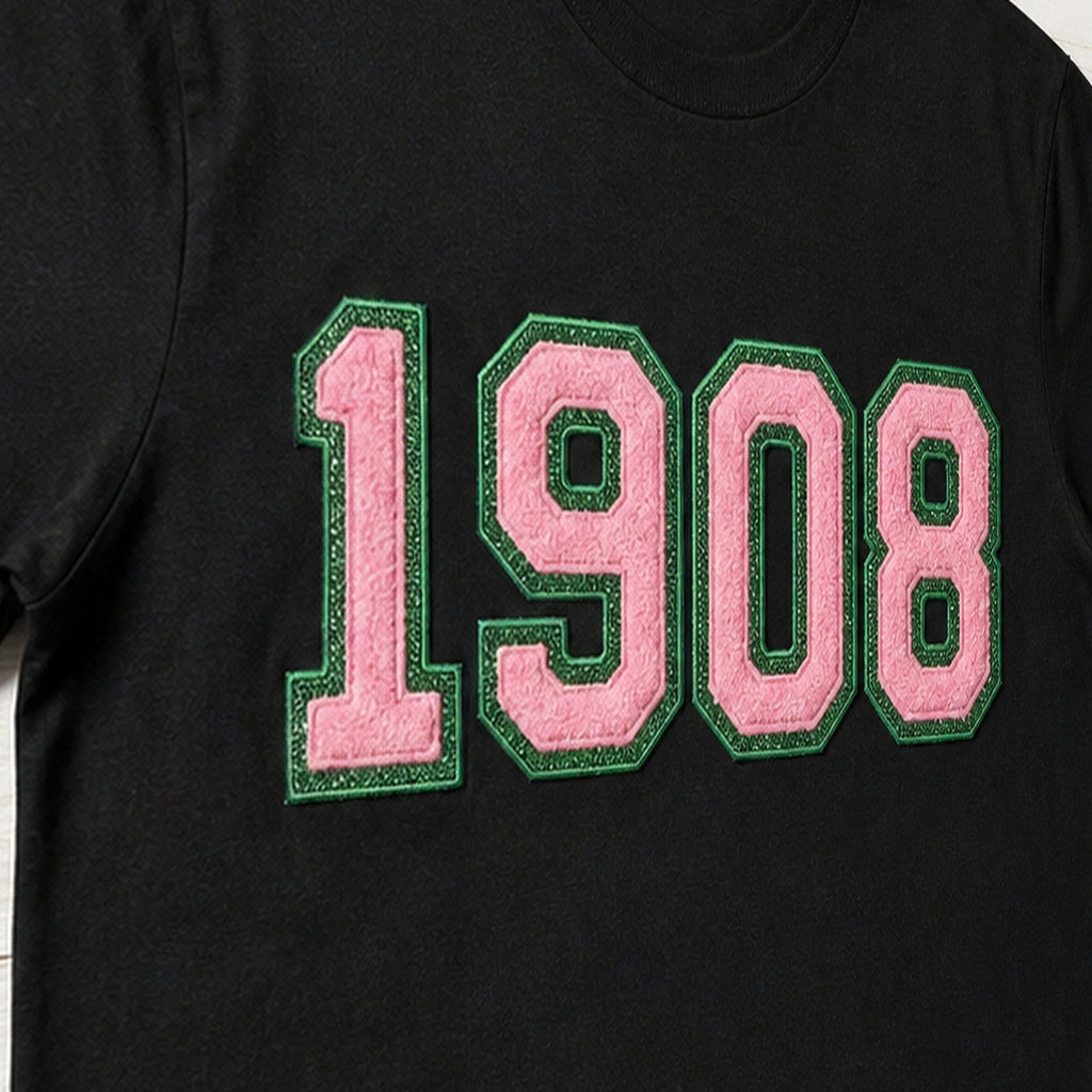 faux chenille glitter short sleeve embroidery close-up