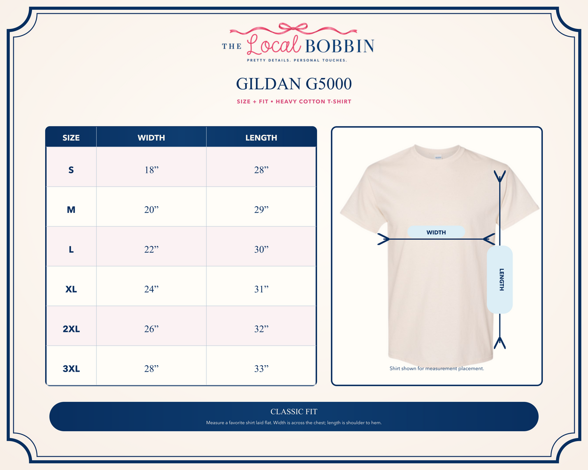 Gildan 5000 short-sleeve T-shirt size and fit chart. Finished garment width and length in inches.