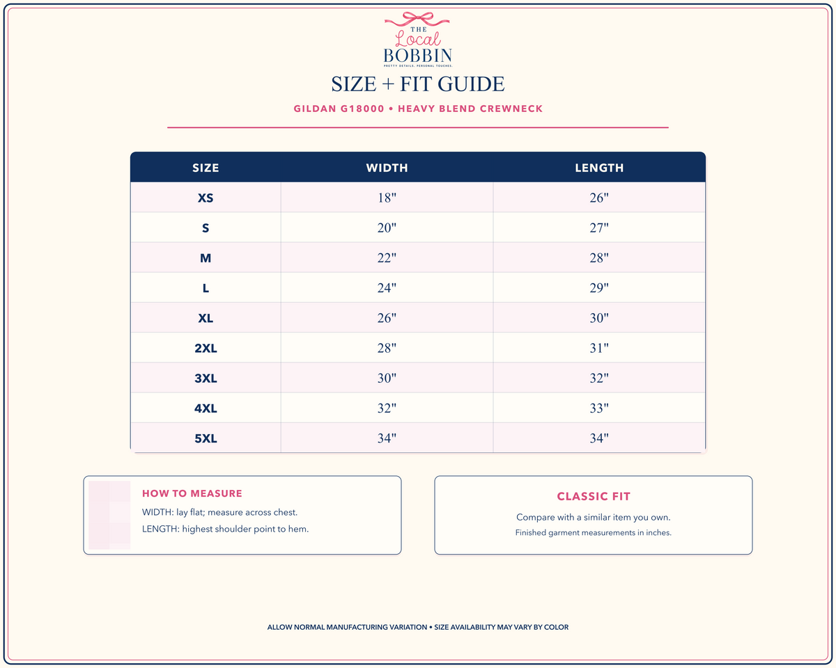 Gildan G18000 crewneck sweatshirt size and fit guide with garment measurements