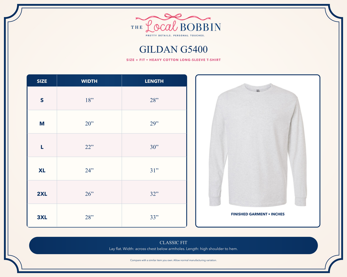 Gildan G5400 long-sleeve T-shirt size and fit guide. Finished garment measurements in inches.