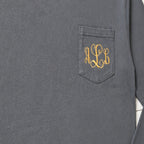 gold script pocket monogram long sleeve embroidery close-up