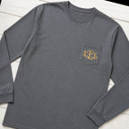 gold script pocket monogram long sleeve styled flat lay