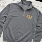 gold script pocket monogram quarter zip styled flat lay