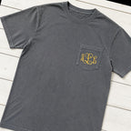 gold script pocket monogram short sleeve styled flat lay