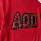 greek sequin applique crewneck embroidery close-up
