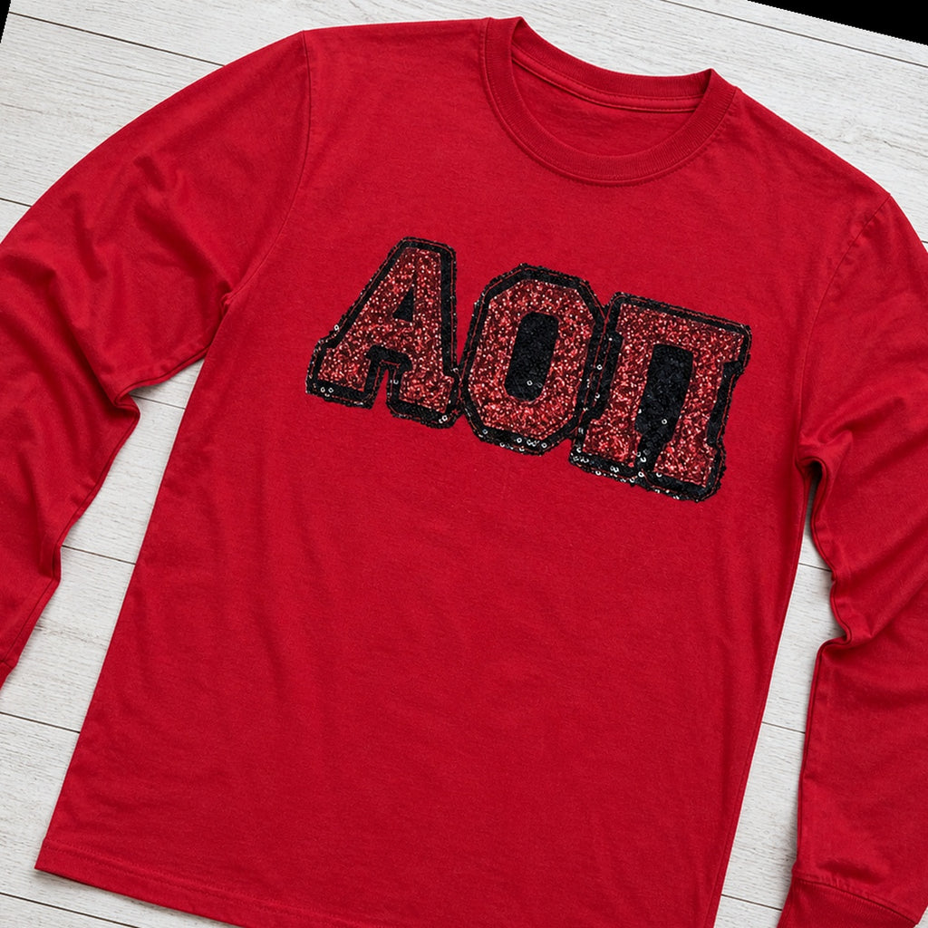greek sequin applique long sleeve styled flat lay