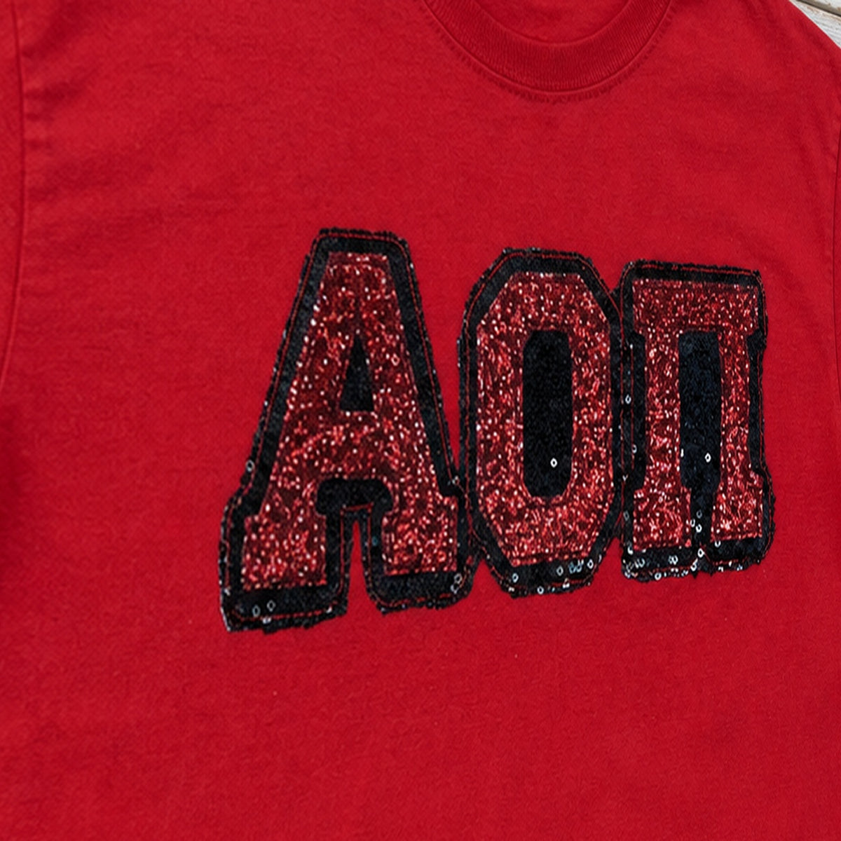 greek sequin applique short sleeve embroidery close-up