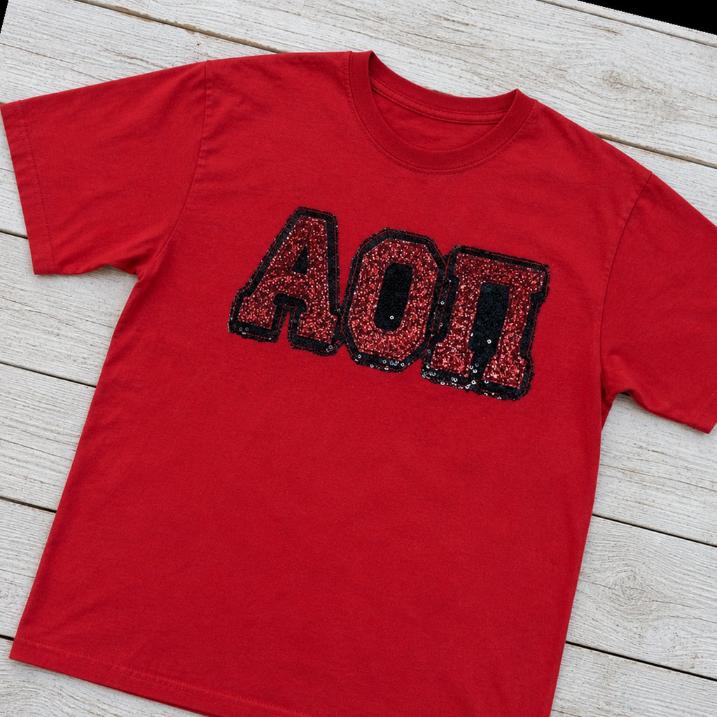 greek sequin applique short sleeve styled flat lay