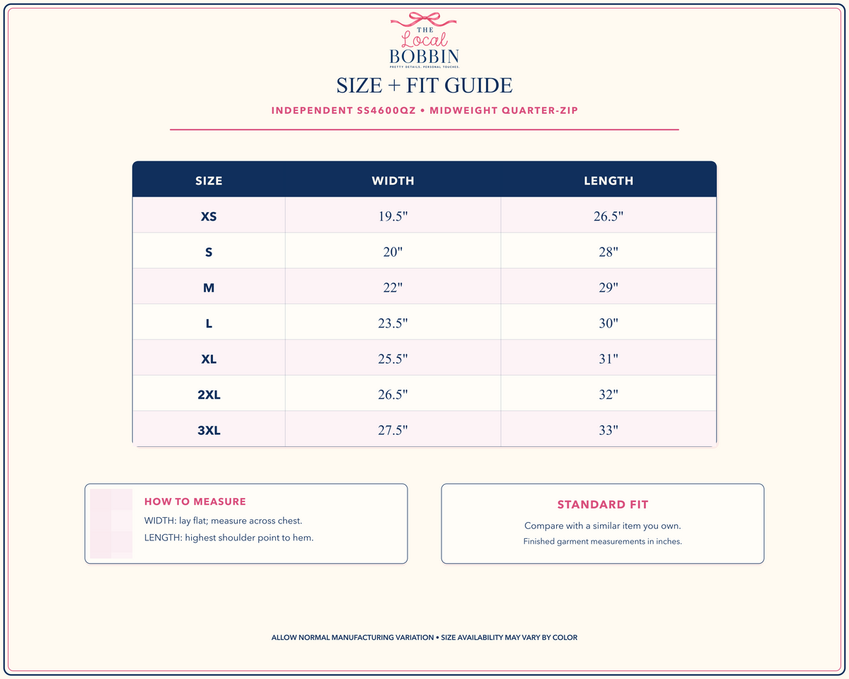 Independent SS4600QZ quarter-zip size and fit guide with garment measurements