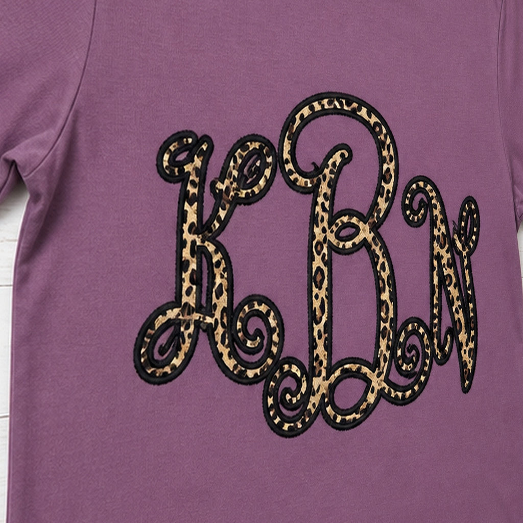 leopard vine monogram short sleeve embroidery close-up