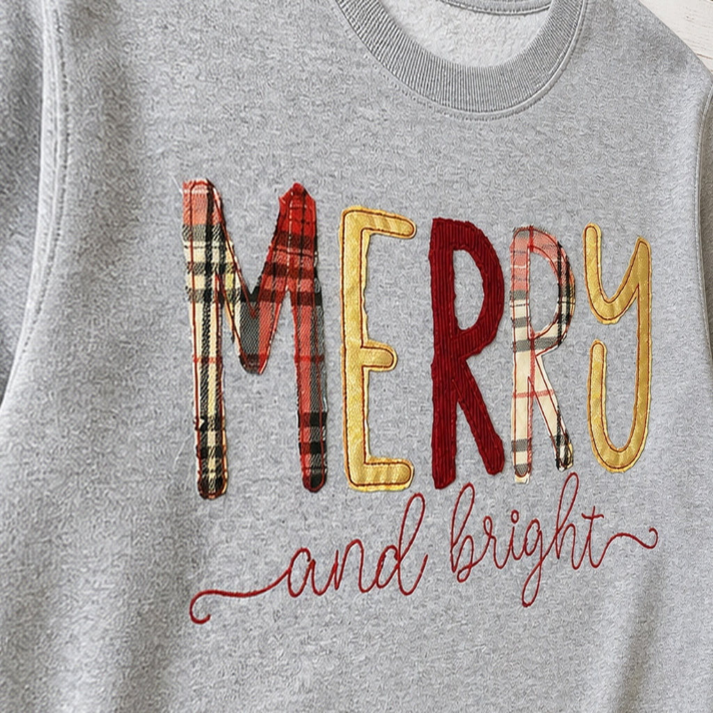 merry and bright crewneck embroidery close-up
