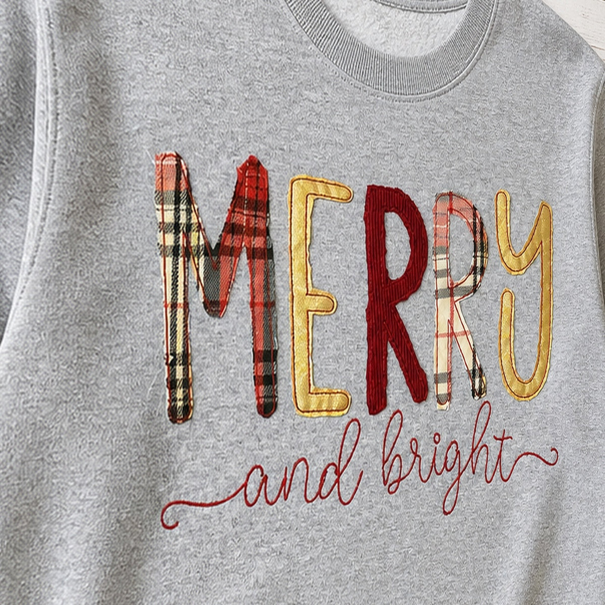 merry and bright crewneck embroidery close-up