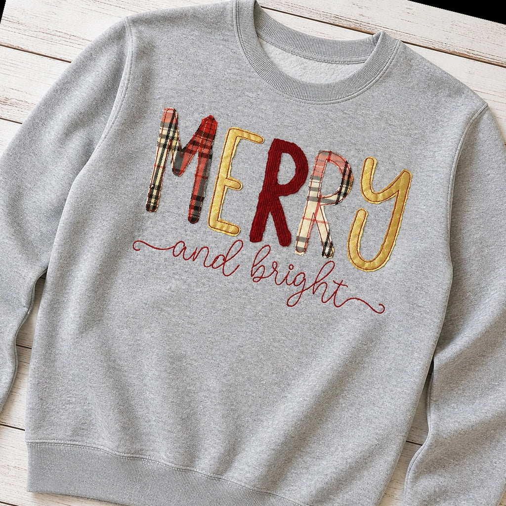 merry and bright crewneck styled flat lay