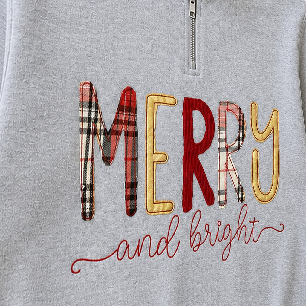 merry and bright quarter zip embroidery close-up