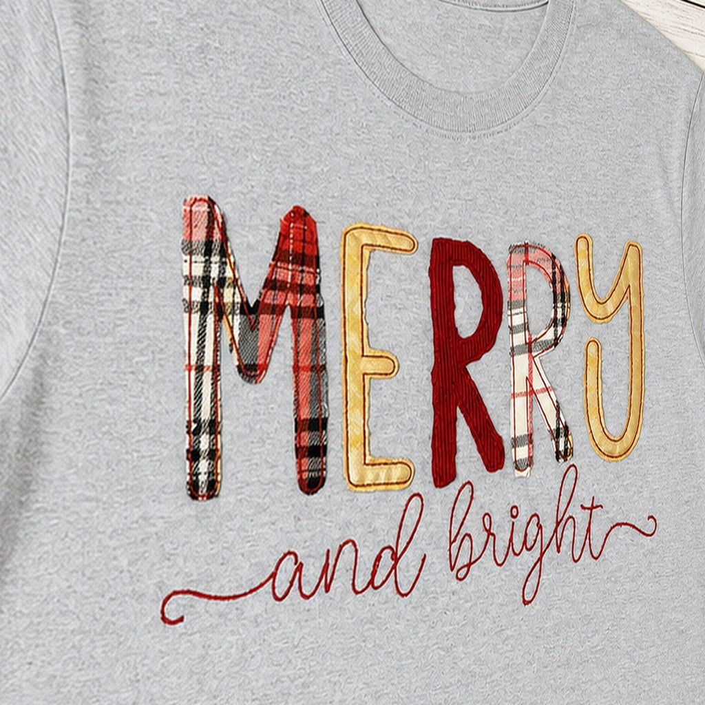merry and bright short sleeve embroidery close-up