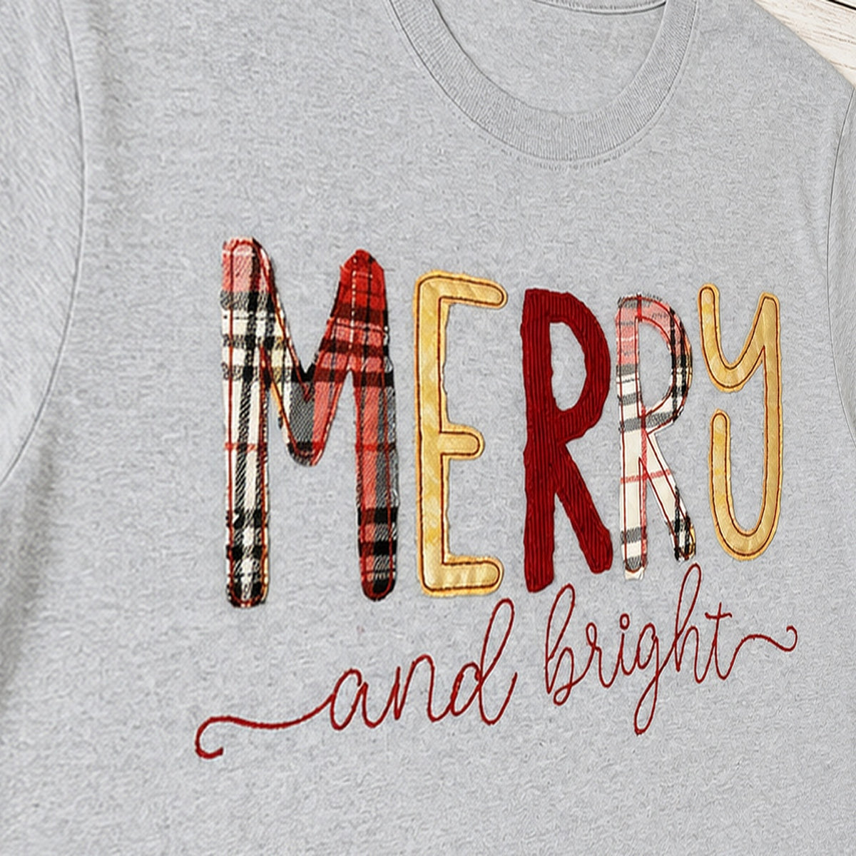 merry and bright short sleeve embroidery close-up